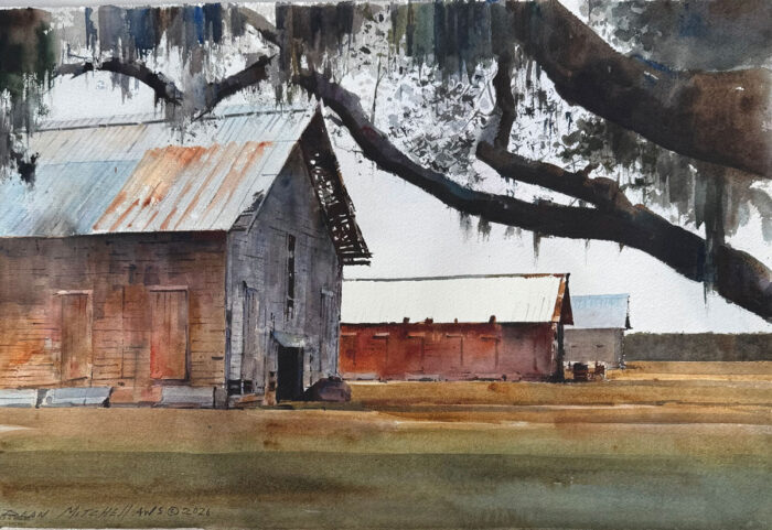 Tobacco Barns, watercolor, 15 x 22